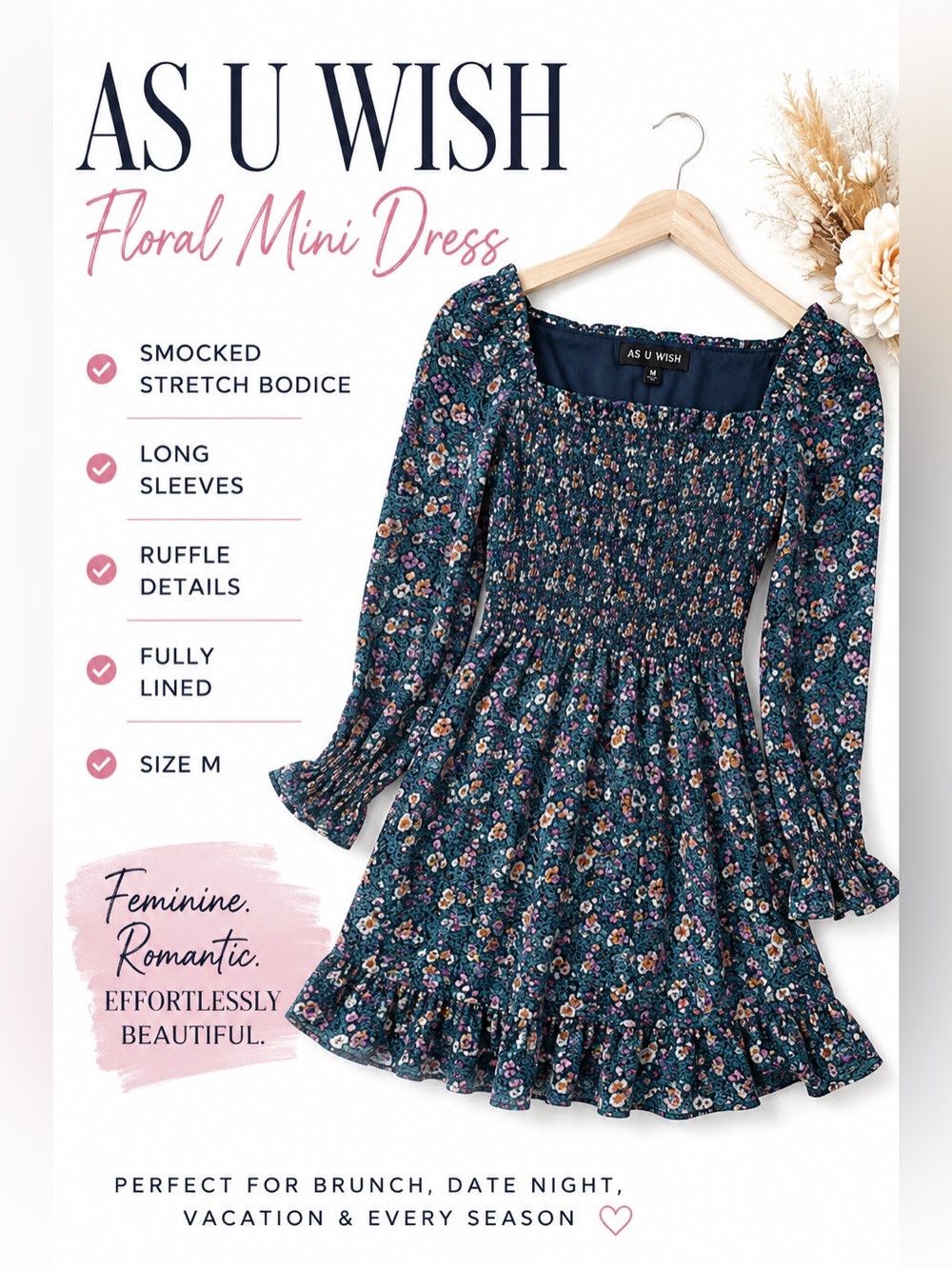 As U Wish Floral Smocked Mini Dress Size M | Blue Teal Floral Long Sleeve Lined - Picture 1 of 11